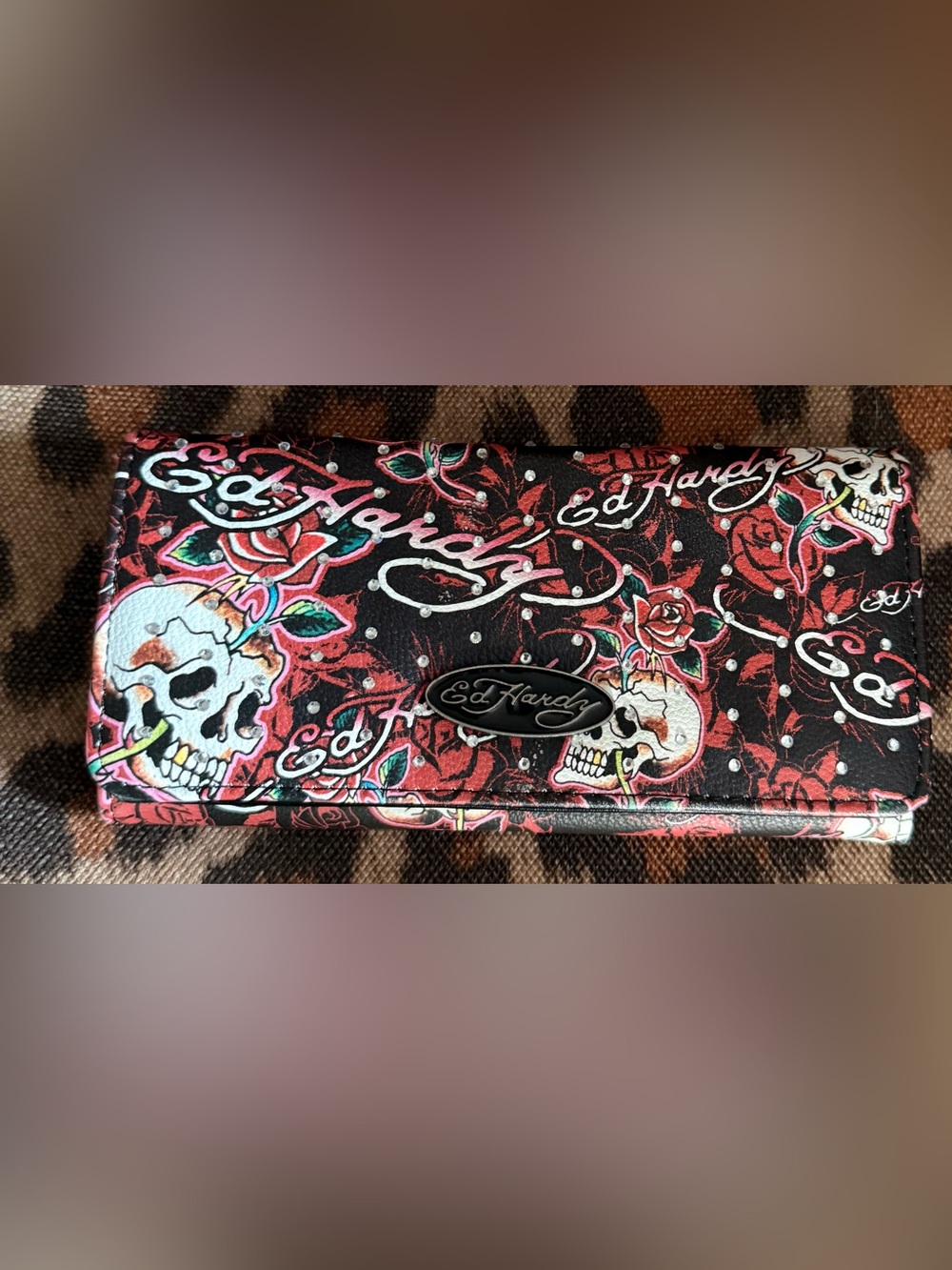 Ed Hardy Black and Red Skull & Rose Fold Wallet